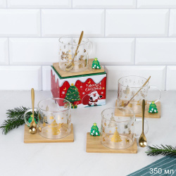 Чайный набор 2 предмета кружка 350 мл с ложкой на деревянной подставке АКЦИЯ / HB-B5023 /уп 80/