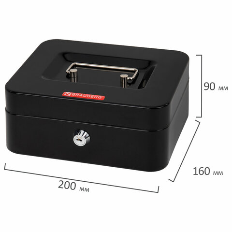 Ящик для денег, ценностей, документов, печатей, 90х160х200 мм, ключевой замок, черный, BRAUBERG, 291350
