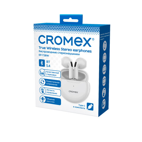 Наушники беспроводные TWS вкладыши с микрофоном, CROMEX EP-T28W, Bluetooth 5.4, белые, 514121