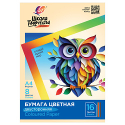 Цветная бумага А4 2-сторонняя офсетная, 16 л., 8 цветов, папка, ЛУЧ "Школа творчества", 210х297 мм, 30С 1791-08