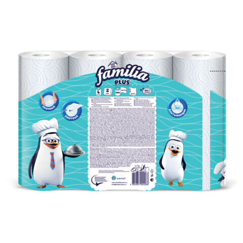 Полотенца бумажные бытовые, спайка 4 шт., 2-слойные (4х12 м), FAMILIA PLUS, 22,7x12 см, белые, 5083816