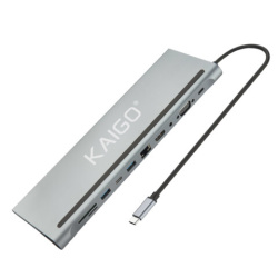 Док-станция KG-050, в/с, 11 в 1, USB-A 2.0/3.2, Type-C 3.2 - PD 3.0, RJ-45, SD/TF 2.0, HDMI, VGA, AUX, 250 мм, серая, KAIGO (КАЙГО), 355070