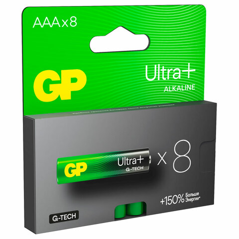Батарейки КОМПЛЕКТ 8 шт., GP Ultra Plus G-Tech, AAA (LR03), алкалиновые, мизинчиковые, 24AUPA21-2CRB8