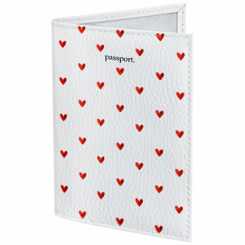 Обложка для паспорта натуральная кожа флоттер, принт "Сердечки", цвет белый, BRAUBERG, 238866
