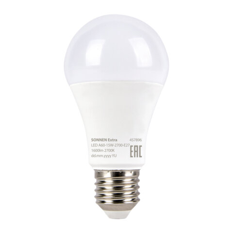 Лампа светодиодная SONNEN EXTRA, 15 (130) Вт, Е27, груша, теплый белый, 30000 ч, LED A60-15W-2700-Е27, 457896