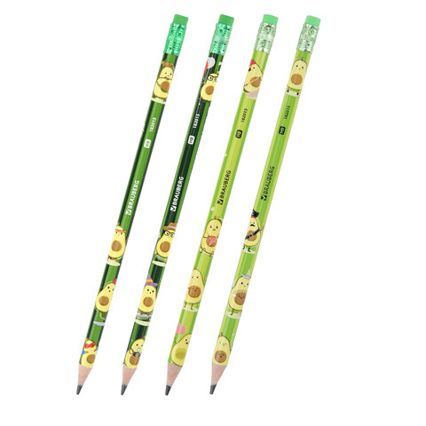 Карандаш чернографитный с принтом BRAUBERG "AVOCADO", 1 шт., HB, с ластиком, корпус ассорти, 182015