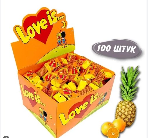 Блок жвачек Love is - Ананас - Апельсин. 100 шт х 4,2 гр