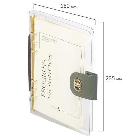 Блокнот А5 180x235 мм, BRAUBERG "Fabulous", гибкий, на кольцах, застежка, 80 л., оливковый, 116195