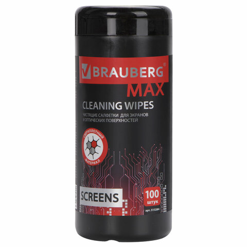 Салфетки для экранов всех типов и оптики BRAUBERG MAX ПЛОТНЫЕ, туба 100 шт., влажные, 513284