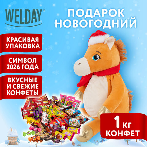 Подарок новогодний СНЕЖИНКА "Мягкая игрушка-символ 2026 года", НАБОР конфет 1000 г, WELDAY (ВЭЛДЭЙ)