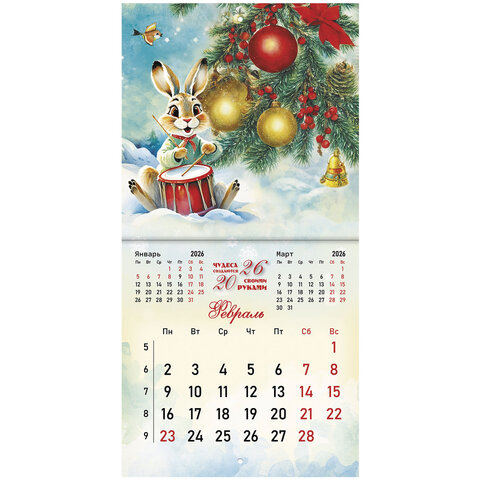 Календарь настенный перекидной 2026 г., BRAUBERG, 12 листов, 21,4х21,4 см, МИНИ, "Советские открытки", 116946