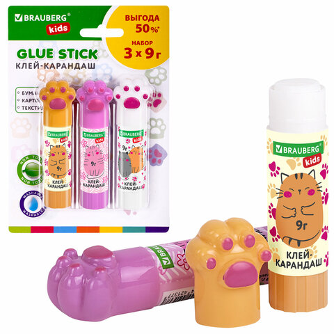 Клей-карандаш "Лапки" Cat Paw, 9 г, фигурный колпачок, 3 шт. на блистере, BRAUBERG KIDS, 271982