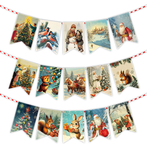 Гирлянда новогодняя "Ретро", 15 флажков, 10х15 см, картон, 2,5 м жгут, ЗОЛОТАЯ СКАЗКА, 592585