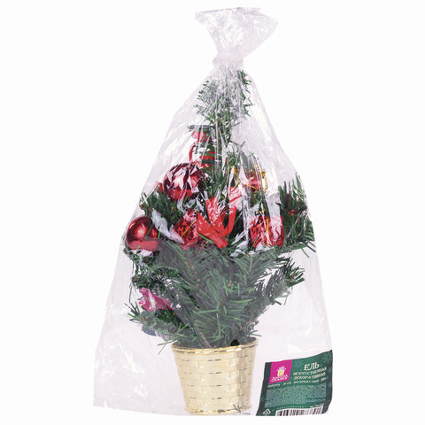 Ель искусственная новогодняя декоративная ЗОЛОТАЯ СКАЗКА 30 см, ПВХ, красные украшения, 591320