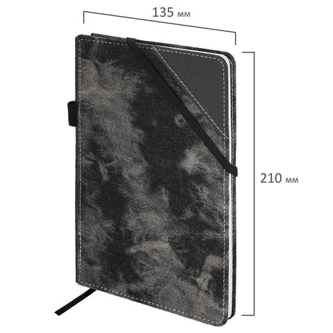 Блокнот А5 135x210 мм BRAUBERG "Denim", ткань/экокожа, резинка, держатель, 80 л., клетка, черный, 117140