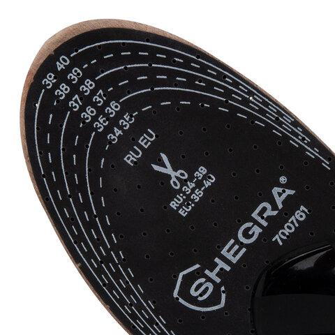 Стельки для обуви из натуральной кожи c СУПИНАТОРОМ, размер RU 34-39 / EU 35-40, с линиями выреза, SHEGRA (ШЕГРА), 700761