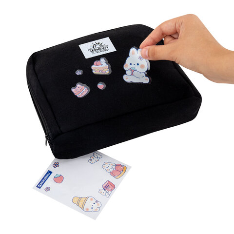 Пенал-органайзер BRAUBERG, 1 отделение, С НАКЛЕЙКАМИ, молния вокруг, канвас, 22x15х6 см, черный, 273596