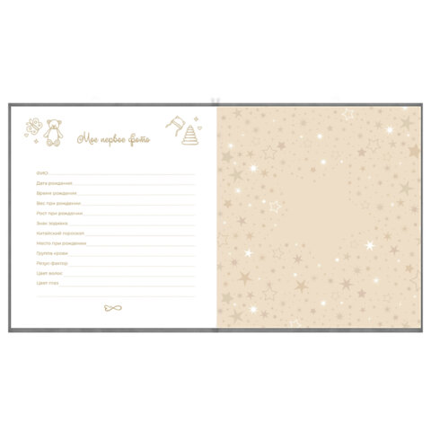 Фотоальбом-анкета детский 23х25 см, 32 листа, стикеры, открытка, конверт, серый бархат, BRAUBERG, 391422