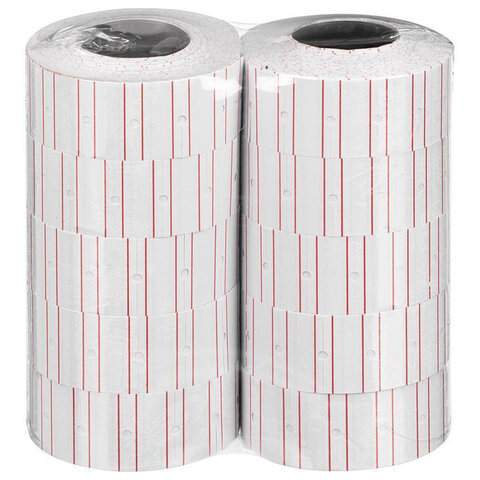 Этикет-лента 21х12 мм, прямоугольная, белая с красной полосой, КОМПЛЕКТ 10 рулонов по 1000 этикеток, 117546