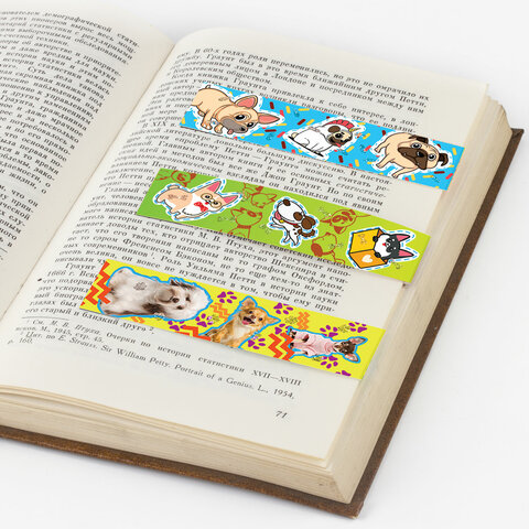 Закладки для книг с магнитом СОБАЧКИ, набор 6 шт., блестки, 25x196 мм, ЮНЛАНДИЯ, 129617