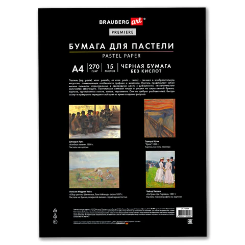 Бумага для пастели ФАКТУРНАЯ, А4, в папке, 15 листов, ЧЕРНАЯ, 270 г/м2, BRAUBERG ART, 117757