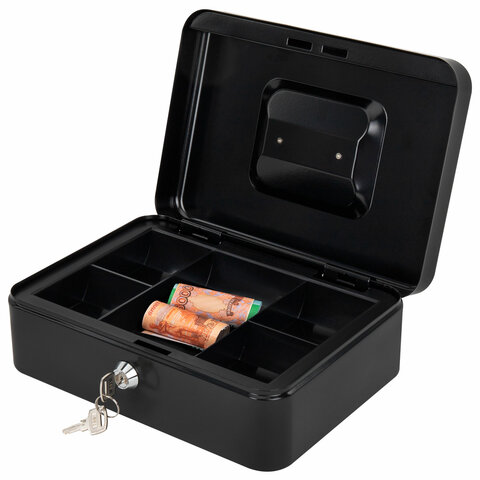 Ящик для денег, ценностей, документов, печатей, 90х180х250 мм, ключевой замок, черный, BRAUBERG, 291349