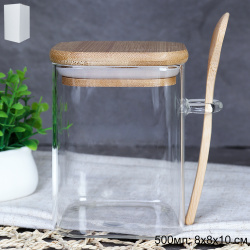 Банка квадратная с ложкой бамбуковая крышка 500 мл 8x8x10 см / LCKW2914 /уп 100/*