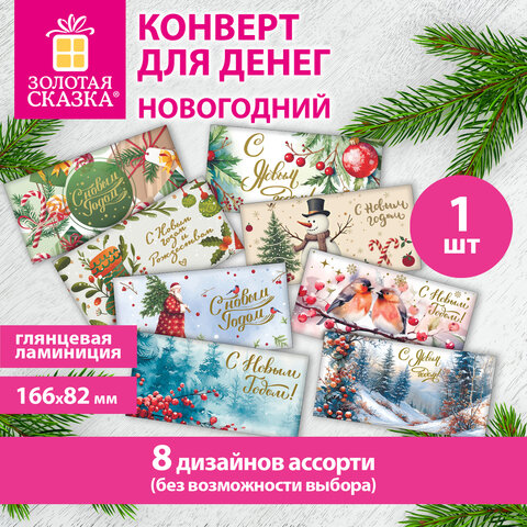 Конверт для денег новогодний 166х82 мм, ламинация, фольга, 8 дизайнов, АССОРТИ №2, ЗОЛОТАЯ СКАЗКА, 592830