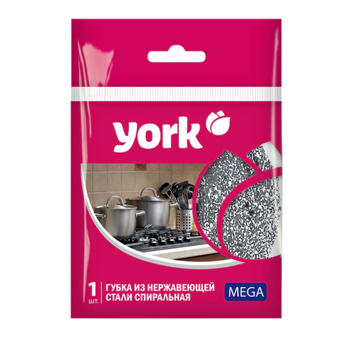 Губка (мочалка) металлическая, спиральная, 40г, МЕГА, для посуды, гриля, плиты, YORK,, 2030