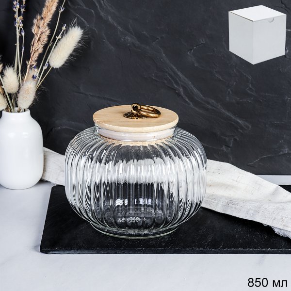 Банка для сыпучих бамбуковая крышка Бочонок рифленая 850 мл / 9544 /уп 60/