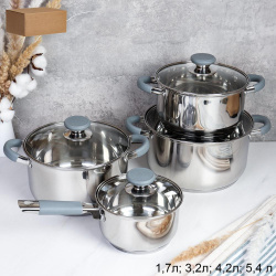 Кастрюля набор 8 предметов 1.7л,3.2л,4.2л,5.4л Элиос с ковшом / LB-S-1106-8B /уп 1/ индукция/ ручки с силиконом/ Гофрокороб/ KISIGA