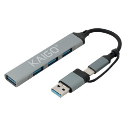 USB-хаб KG-088C, Type-C 3.2 + адаптер USB-A 3.2, высокоскоростной, 4 в 1, 1 х USB-A 3.2, 3 x USB-A 2.0, 60 мм, серый, KAIGO (КАЙГО), 355065