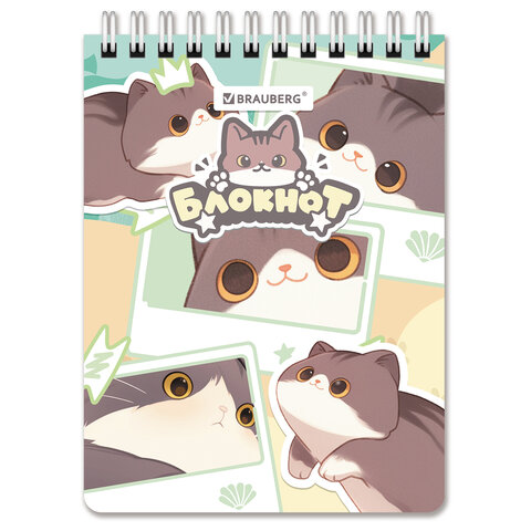Блокнот МАЛЫЙ ФОРМАТ А6 108х145 мм, 60 л., гребень, картон, клетка, кросс-серия "МИЛЫЕ КОТЫ", BRAUBERG, 116987