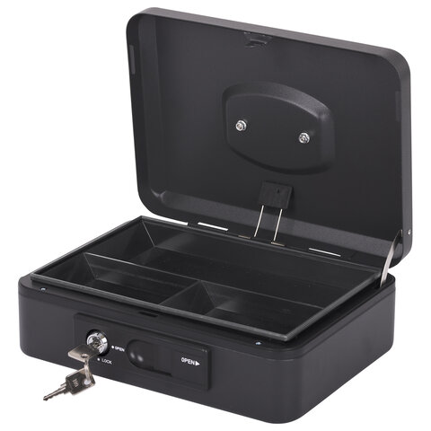 Ящик для денег, ценностей, документов, печатей, 90х180х250 мм, ключевой замок и автолок, черный, BRAUBERG, 291353