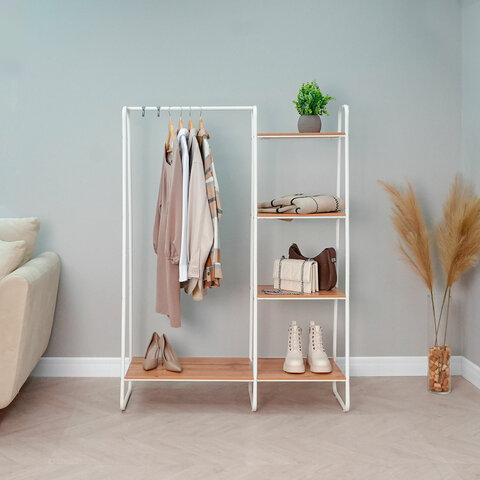 Вешалка-стеллаж "Скандинавия-1", 1470х1100х385 мм, 5 полок, металл/ЛДСП, белая/дуб, ГСС1 Б