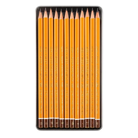 Карандаши чернографитные KOH-I-NOOR, НАБОР 12 шт., "Art" 6B-6H, без резинки, металлическая коробка, 1582012001PL