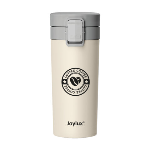 Термокружка 380 мл JOYLUX (ДЖОЙЛЮКС) CLASSIC COFFEE, нержавеющая сталь SUS304, бежевый с принтом, 700273