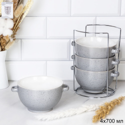 Супница с ручками 4 штуки на подставке / RT-652 /уп 6/ Серый в крапинкуС