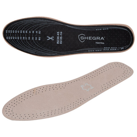 Стельки для обуви из натуральной кожи, УНИВЕРСАЛЬНЫЙ размер RU 34-45 / EU 35-46, с линиями выреза, SHEGRA (ШЕГРА), 700764