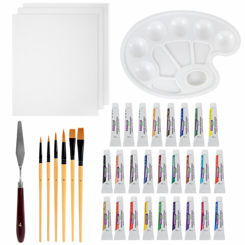 Краски акриловые художественные 26 шт. по 12 мл, холсты 3 шт., кисти 6 шт., аксессуары, 37 предметов, BRAUBERG HOBBY, 192544