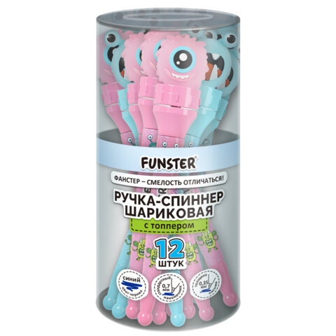 Ручка-спиннер с топпером шариковая FUNSTER "MONSTERS", СИНЯЯ, ассорти, пишущий узел 0,7 мм, линия письма 0,35 мм, 144381