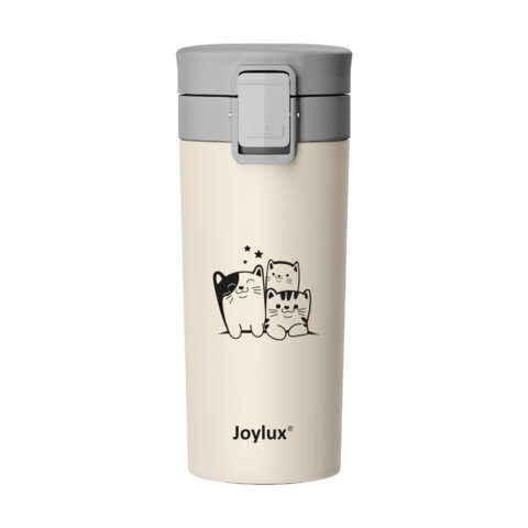 Термокружка 380 мл JOYLUX (ДЖОЙЛЮКС) CLASSIC CAT, нержавеющая сталь SUS304, бежевый с принтом, 700272