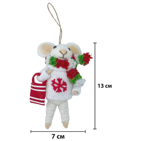 Украшение ёлочное (1шт) "Мышка", 6х5х13 см, фетр, хлопок, ассорти 4 дизайна, ЗОЛОТАЯ СКАЗКА, 592422