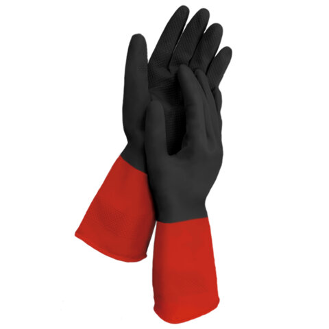 Перчатки МНОГОРАЗОВЫЕ латексные LAIMA "БИКОЛОР", черно-красные, ОСОБО ПРОЧНЫЕ, хлопковое напыление, размер L (большой), вес 60 г, 700539