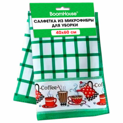 Салфетка из МИКРОФИБРЫ универсальная, 40х60 см, зеленая клетка, орнамент, 240 г/м2, BOOMHOUSE (БУМХАУС), 700878