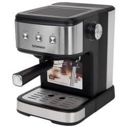 Кофеварка рожковая ручной капучинатор SONNEN CM8501, 1100 Вт, 1,5 л, 15 бар, черная/серебро, 456335