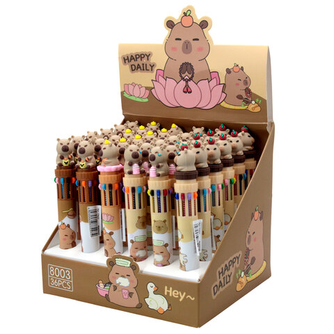 Ручка многоцветная с топпером шариковая 10 ЦВЕТОВ "Капибара", ассорти, линия 0,5 мм, 77427