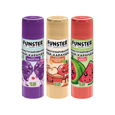 Клей-карандаш ароматизированный FUNSTER (ФАНСТЕР), яблоко, арбуз, виноград, 15 г, ВЫГОДНАЯ УПАКОВКА, 3 штуки на блистере, 274270