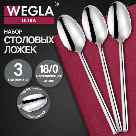 Ложки столовые ULTRA, НАБОР 3 шт, на подвесе, нержавеющая сталь, серебристые, WEGLA (ВЕГЛА), 702246