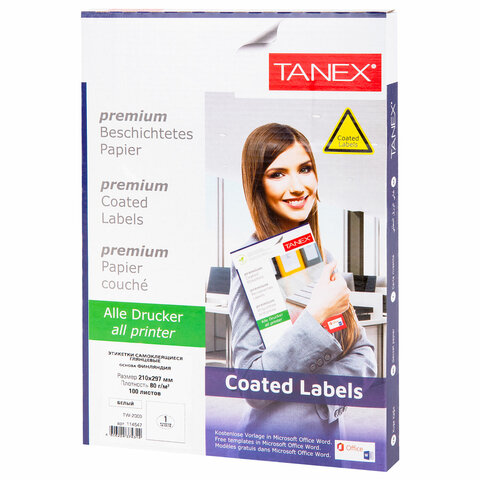 Этикетка самоклеящаяся ГЛЯНЦЕВАЯ 210х297 мм, 1 этикетка, белая, 80 г/м2, 100 листов, TANEX, сырье Финляндия, 114547, TW-2000